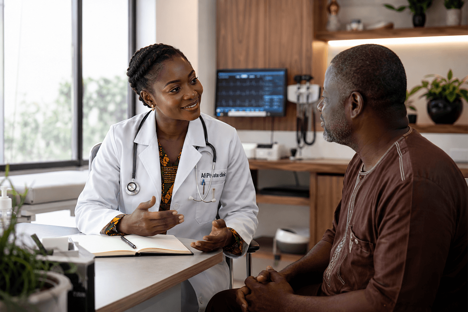 A Ghanaian doctor speaking with a patient during a clinic consultation