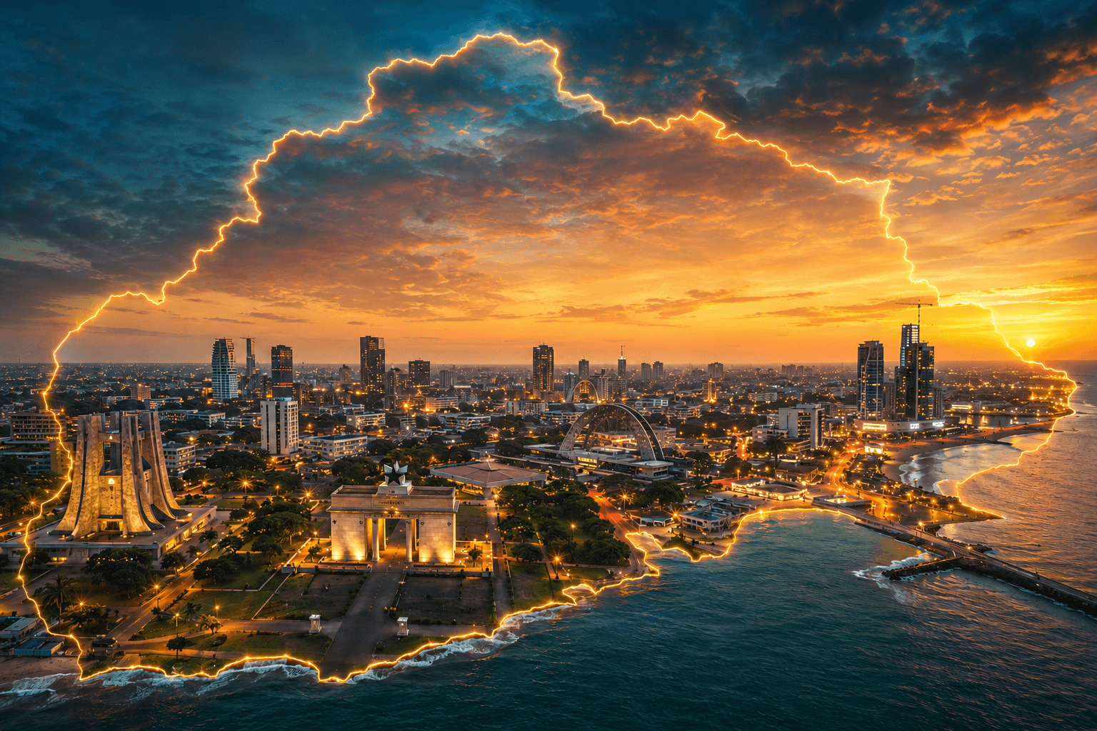 A glowing outline of Ghana over Accra's skyline at sunset